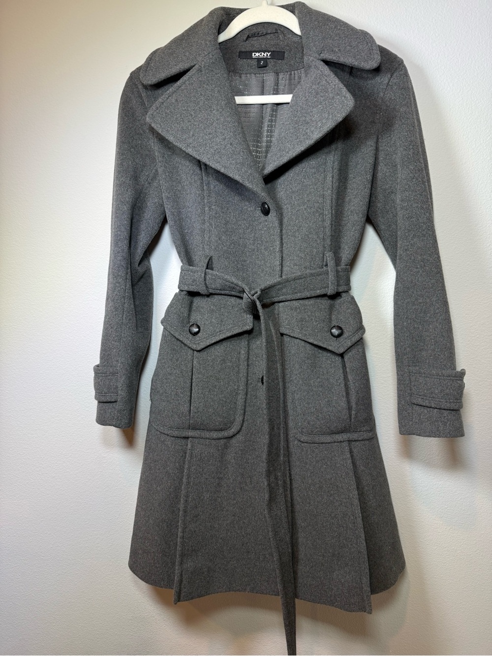 DKNY Gray Wool Belted Trench Coat with Notched Collar